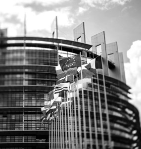 Flaggor på rad utanför EU-parlamentet.