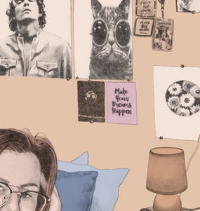Illustration av en tonårstjej som sitter i ett rum med affischer på väggen.
