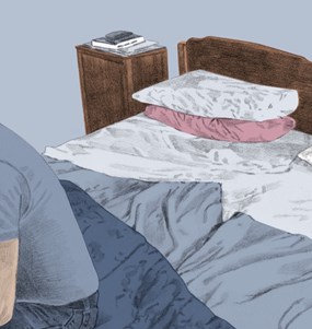 Illustration av en man som sitter på foten av en säng och tittar ner.
