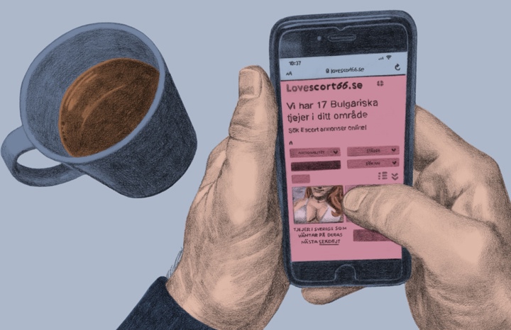 Illustration av ett par händer som håller i en mobiltelefon. En kaffekopp står bredvid.