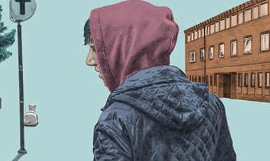 Illustration på en tonåring i huva vänd mot kameran. Han är ute i närheten av en byggnad och tunnelbana