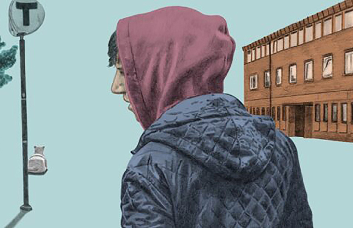 Illustration på en tonåring i huva vänd mot kameran. Han är ute i närheten av en byggnad och tunnelbana