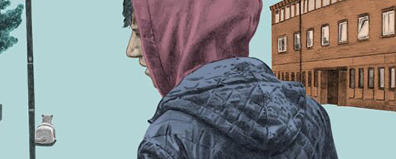 Illustration på en tonåring i huva vänd mot kameran. Han är ute i närheten av en byggnad och tunnelbana