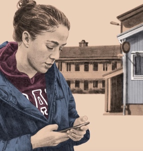 Illustration av en person som står framför hus och håller i en mobiltelefon som hen tittar ner på.