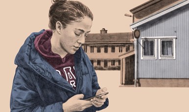 Illustration av en person som står framför hus och håller i en mobiltelefon som hen tittar ner på.
