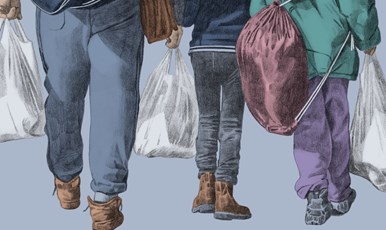 Illustration av tre personer bakifrån som går med fullproppade kassar och väskor.
