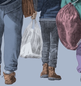 Illustration av tre personer bakifrån som går med fullproppade kassar och väskor.