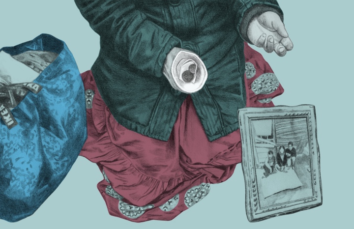 Illustration av en kvinna som sitter och tigger med ett foto framför sig och en kasse bredvid sig.