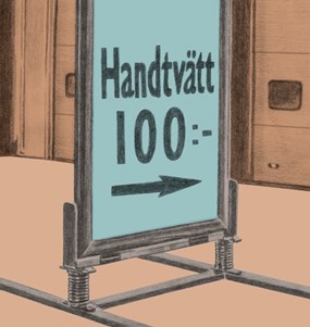 Illustration av en skylt som det står handtvätt 100 kronor på. En pil på skylten pekar in mot en byggnad.
