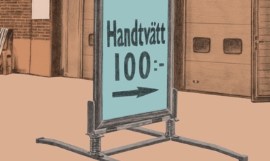 Illustration av en skylt som det står handtvätt 100 kronor på. En pil på skylten pekar in mot en byggnad.