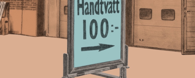 Illustration av en skylt som det står handtvätt 100 kronor på. En pil på skylten pekar in mot en byggnad.
